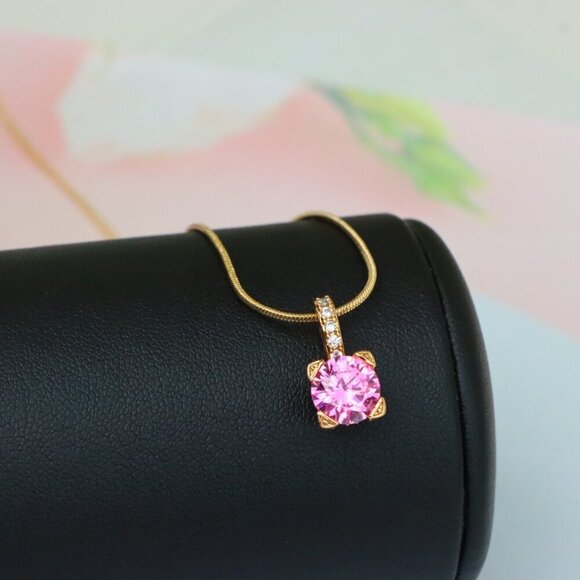 "Elegant Pink Round Pendant with Gold Plated Sparkling Bail Detail, XPPT1720 - Picture 6 of 13